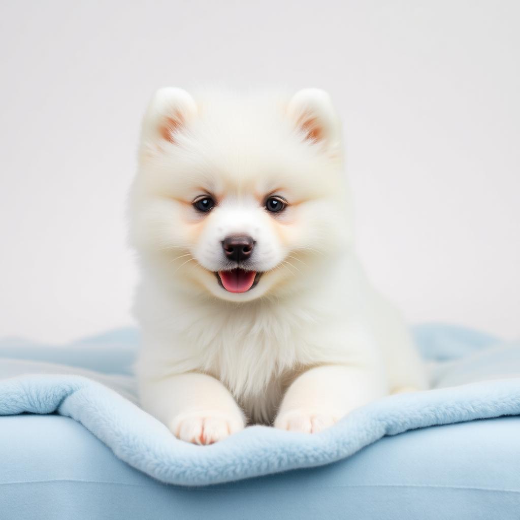 Samoyedo cachorro blanco recién adoptado